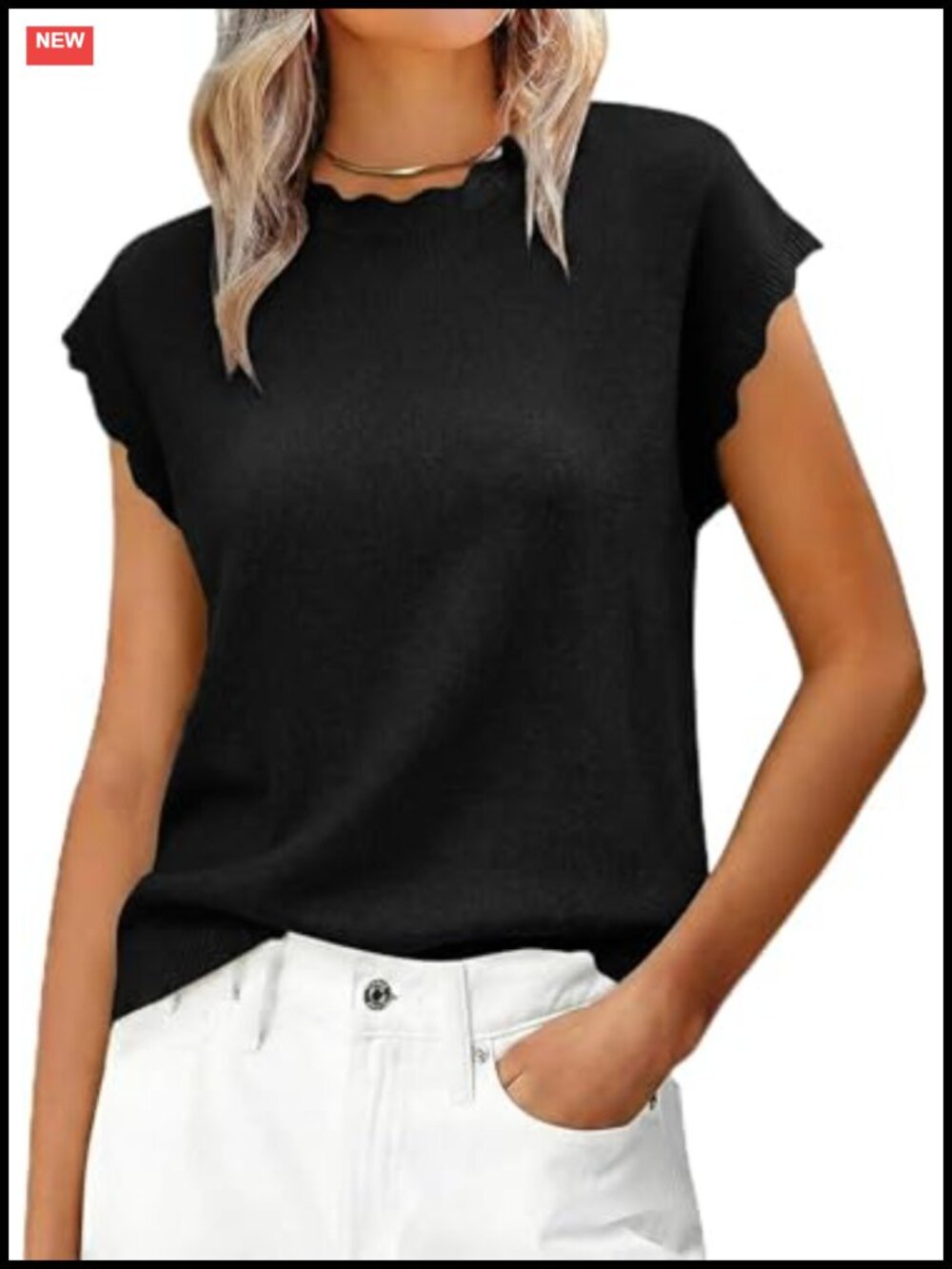 Women's Cap Sleeve Sweater Lightweight Knit Top Scallop Trim